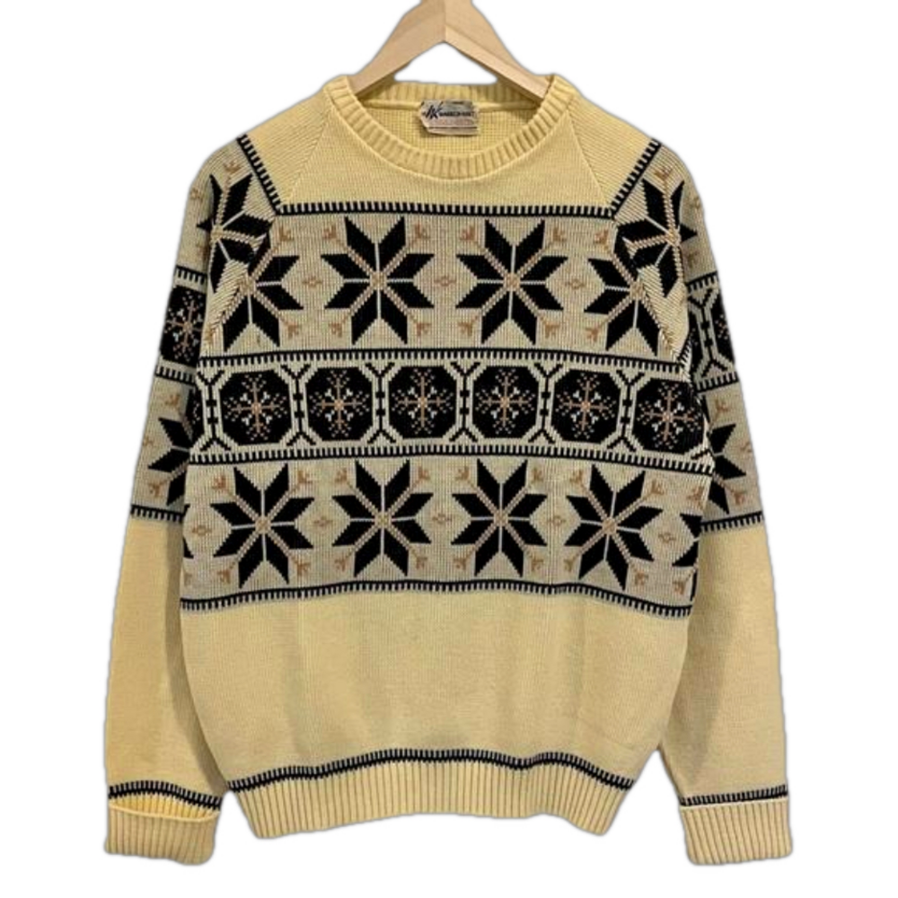 Fair Isle Fisherman Knit Crew Sweater Warren Knit Wool Blend Vintage Cream Navy